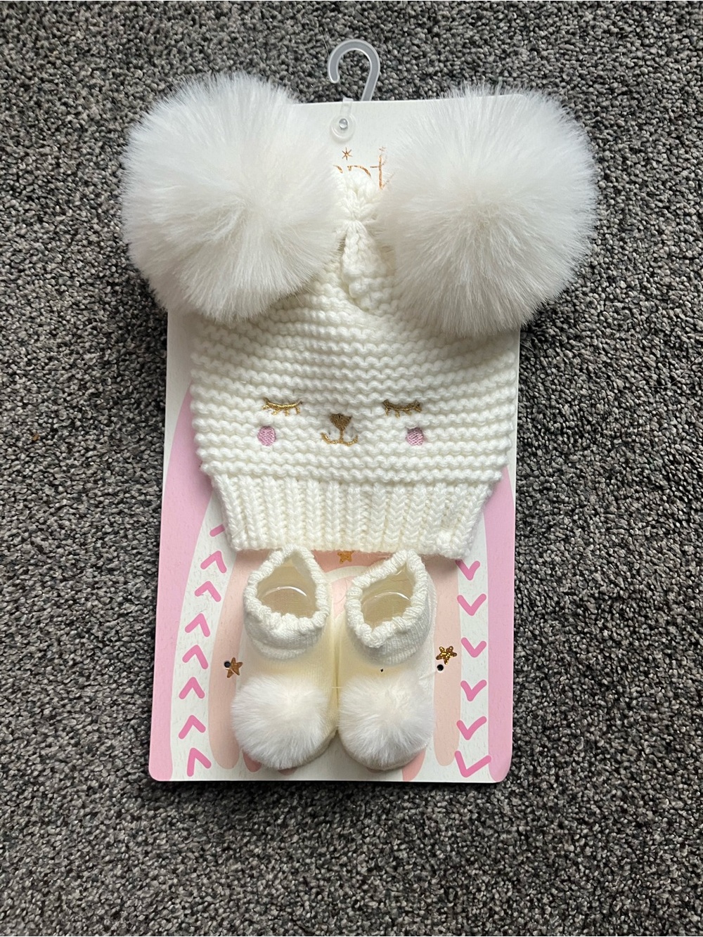 White Knit Baby Hat and Booties Set with Faux Fur Poms